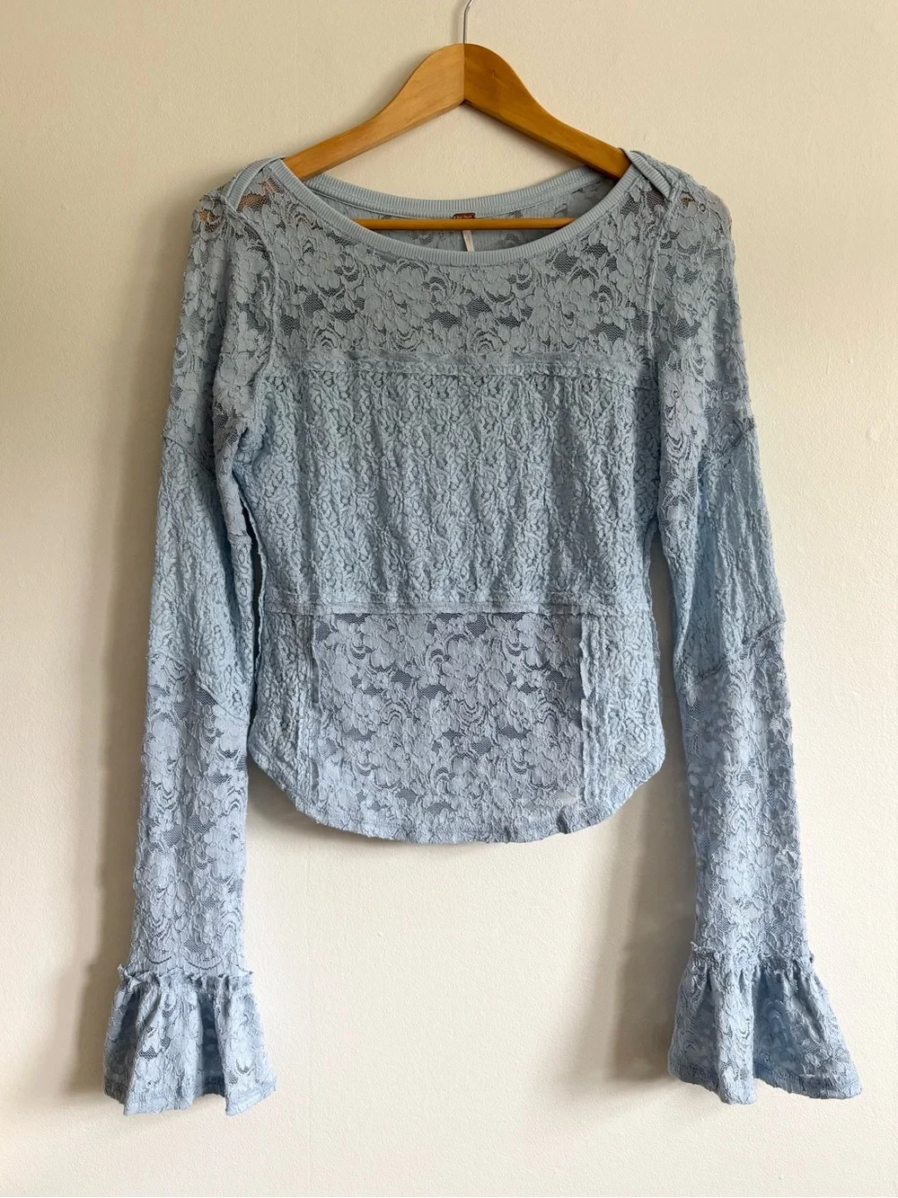 Free People Sheer Lace Flared Long Sleeve Top in Niagra Mist Blue